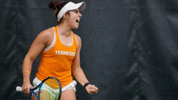 KNOXVILLE, TN - February 03, 2024 - Sofia Cabezas of the Tennessee Lady Volunteers during the match between the North Carolina State Wolfpack and the Tennessee Lady Volunteers at Barksdale Stadium in Knoxville, TN. Photo By Ian Cox/Tennessee Athletics