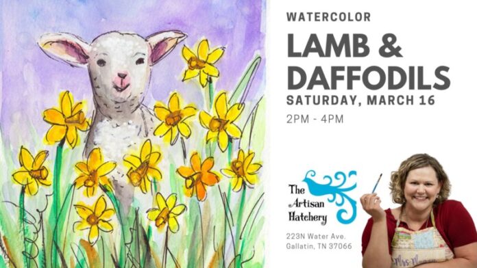 water color lambs and daffodils