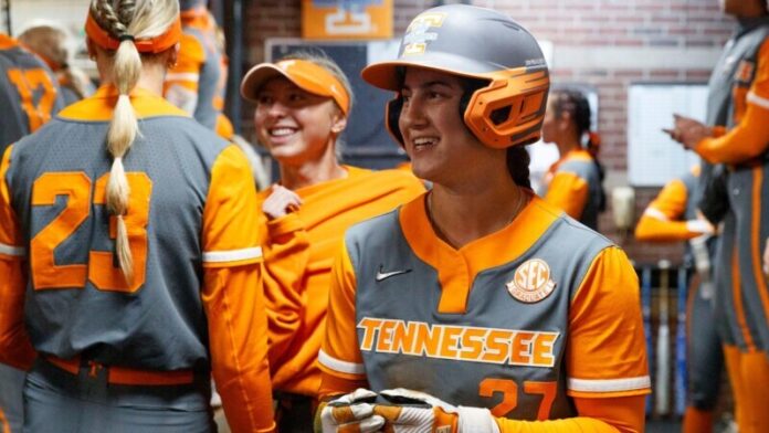 KNOXVILLE, TN - March 09, 2024 - Outfielder/Infielder Giulia Koutsoyanopulos #27 of the Tennessee Lady Volunteers during the game between the Ohio State Buckeyes and the Tennessee Lady Volunteers at Sherri Parker Lee Stadium in Knoxville, TN. Photo By Ian Cox/Tennessee Athletics