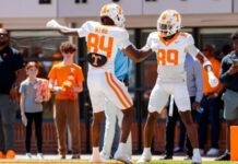 KNOXVILLE, TN - April 13, 2024 - Wide receiver Kaleb Webb #84 and Wide receiver Mike Matthews #89 of the Tennessee Volunteers during the 2024 Orange and White game at Neyland Stadium in Knoxville, TN. Photo By Kate Luffman/Tennessee Athletics