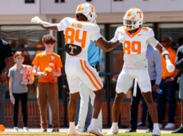 KNOXVILLE, TN - April 13, 2024 - Wide receiver Kaleb Webb #84 and Wide receiver Mike Matthews #89 of the Tennessee Volunteers during the 2024 Orange and White game at Neyland Stadium in Knoxville, TN. Photo By Kate Luffman/Tennessee Athletics