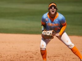 KNOXVILLE, TN - April 21, 2024 - Outfielder/Infielder Giulia Koutsoyanopulos #27 of the Tennessee Lady Volunteers during the game between the LSU Tigers and the Tennessee Lady Volunteers at Sherri Parker Lee Stadium in Knoxville, TN. Photo By Ian Cox/Tennessee Athletics