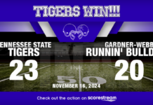 Tennessee State Tigers secure a crucial 23-20 victory over Gardner-Webb Bulldogs in a thrilling Big South Conference matchup at Spangler Stadium.