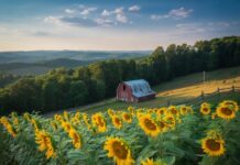 weather sunny with flowers and a barn