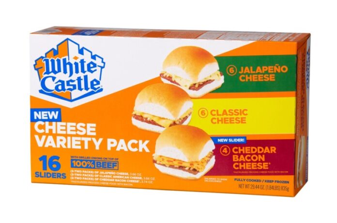 White-Castle-16ct-CheeseVarietyPack-Horiz The new Cheddar Bacon Cheese Slider is available exclusively in the all-new 16 count Cheese Sliders Variety Pack. The new package features three distinctly craveable cheese-topped Slider varieties: 4 – New Cheddar Bacon Cheese Slider, 6 – Jalapeño Cheese Sliders, 6 – Classic Cheese Sliders.